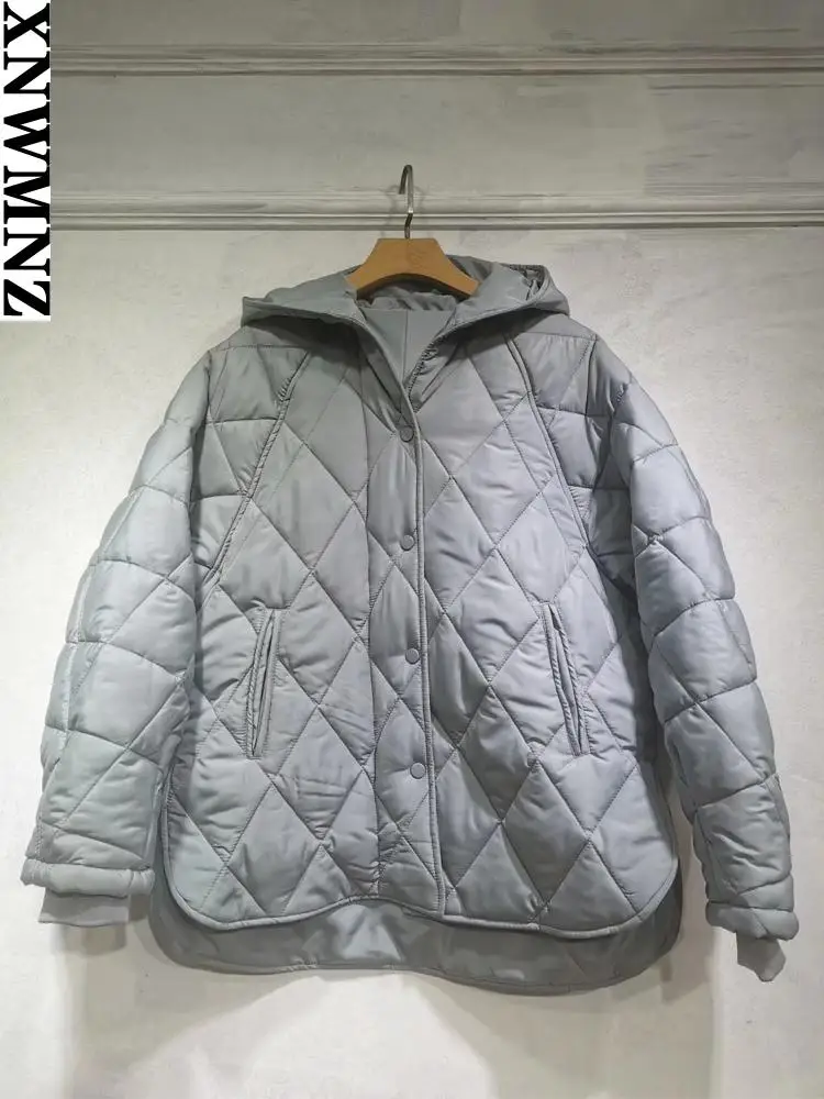 XNWMNZ puffer coats Women's Checkered Quilted Cotton Jacket 2022 New Hooded Winter Warm Jacket Women's Loose Fashion Casual Coat