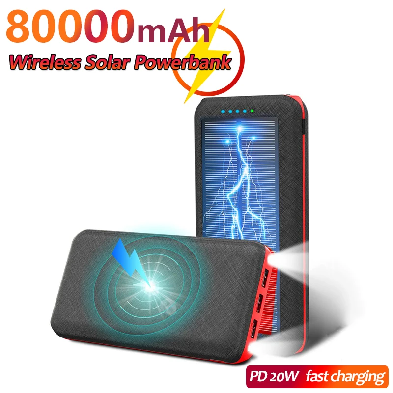 

80000mAh Qi Wireless Fast Charging Power Bank Suitable for Mobile Phones Tablets Headsets Solar Portable External Batteries