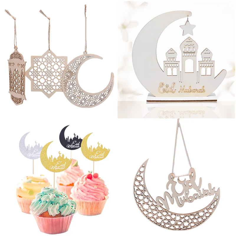 

1set EID Mubarak Mosque Wooden Moon Hollow Pendant Ornament Islam Muslim Ramadan Festival Home Decor Hanging Supplies DIY Crafts