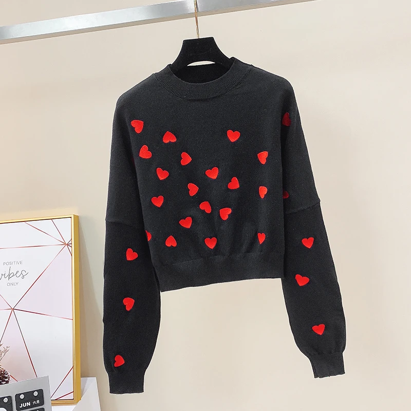 OCEANLOVE Knitted Korean Fashion Pink Pull Femme Print Heart Autumn Winter Clothes 2020 Embroidery Short Sueter Mujer 12827 | Женская