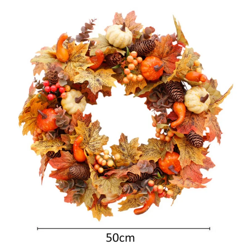

Artificial Wreath Garland Rattan Frame With Pumpkin, Berries, Pine Cone And Maple Leaves Halloween Thanksgiving Autumn Holiday