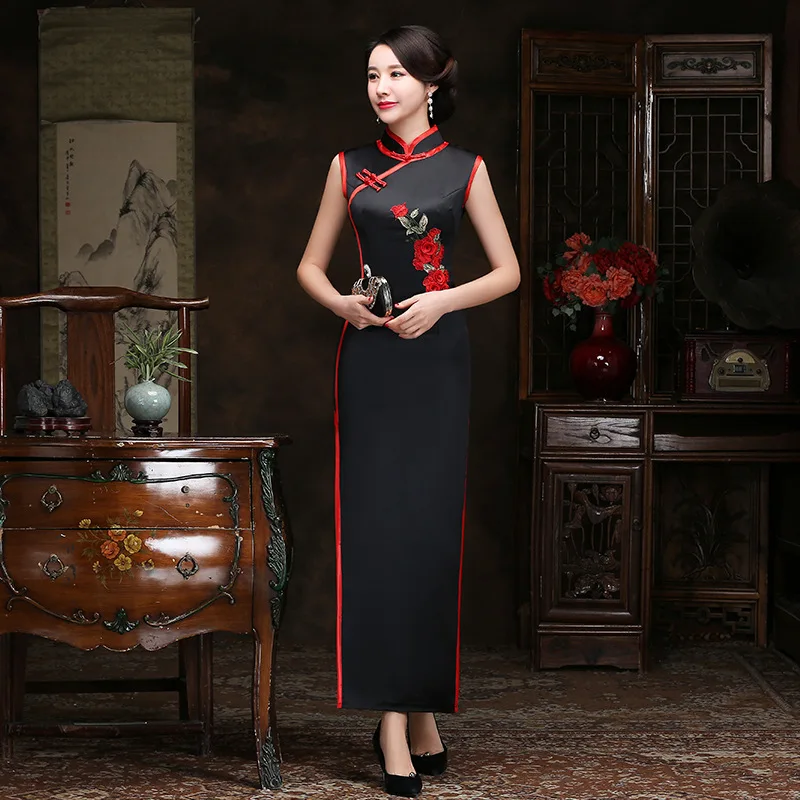 

Женское черное сексуальное атласное платье Qipao с цветочной вышивкой Chengsam, тонкое длинное китайское платье с воротником-стойкой, Vestidos размер...