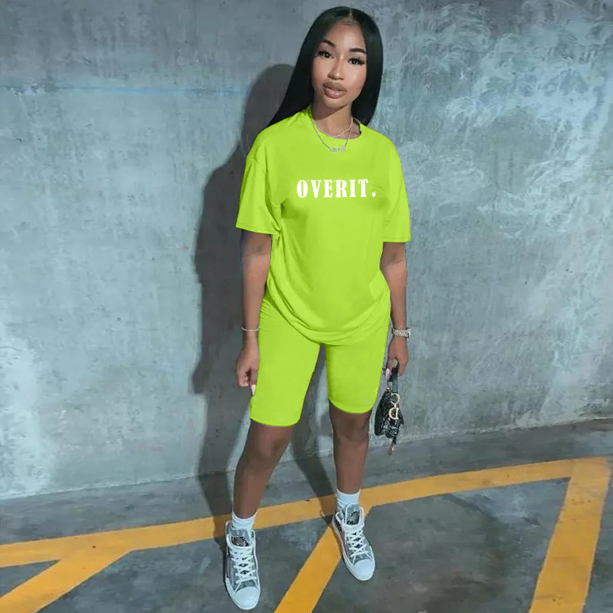 

Donsignet Women's Suit New Fashion Summer Temperament Letter Printing Slim Sports Two-piece Suit Round Neck Pullover Solid Color