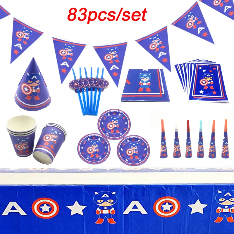 

83Pcs Disney Captain America Cup Plate Napkin Kid Birthday Party Decoration Party Event Supplies Favor Items For Kids 10 People