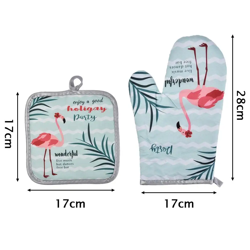 

2PCS 1 Set Cotton Fashion Flamingo Kitchen Pad Cooking Microwave Baking BBQ Oven Potholders Oven Mitts Kitchen Gloves Mitts