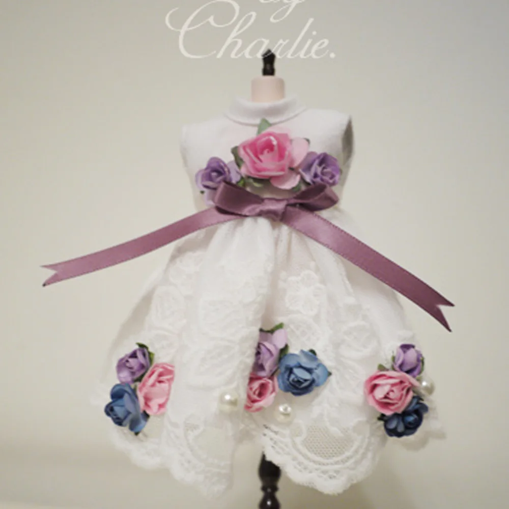 

doll dress suitable for joint Doll for licca azone ob27 OB24 for OB11 Hand made White floral dress white/blue 10.29.16