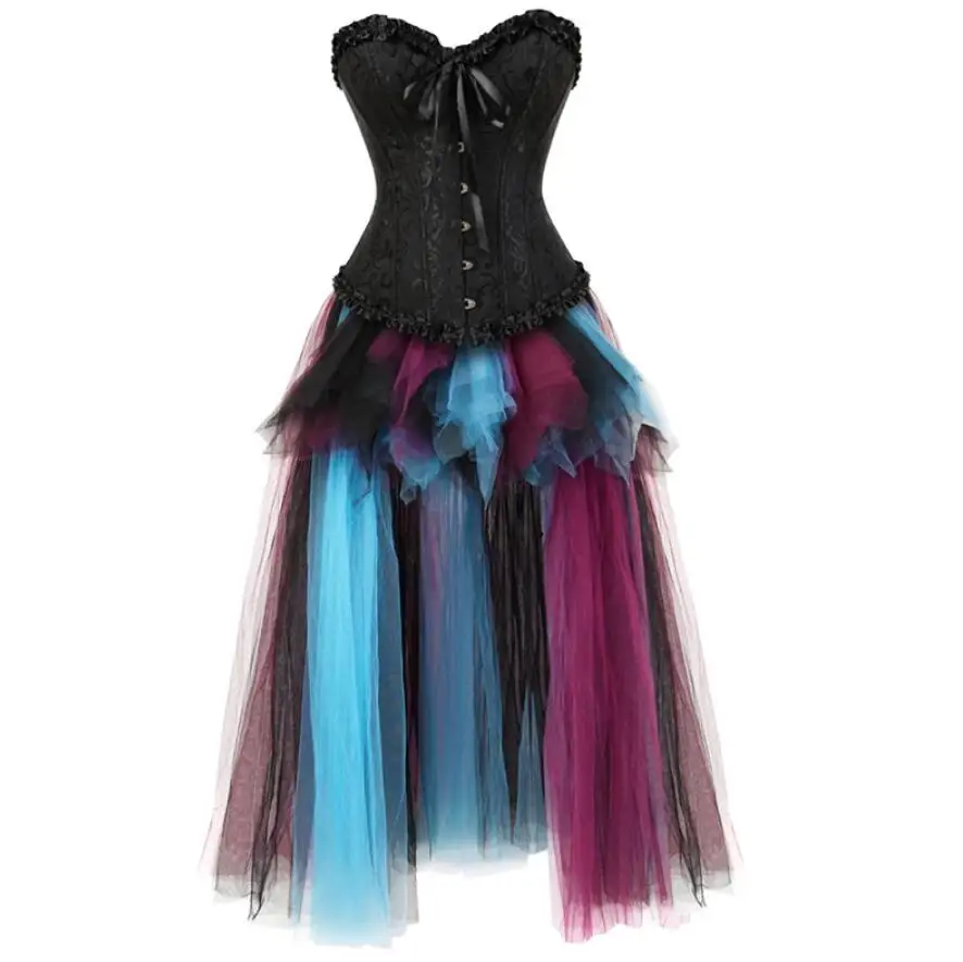 

Vintage Corset Dress Plus Size Sexy Floral Bustiers Top With Long Maxi Fluffy Tulle Skirt Lace Midi Gothic Burlesque Costumes