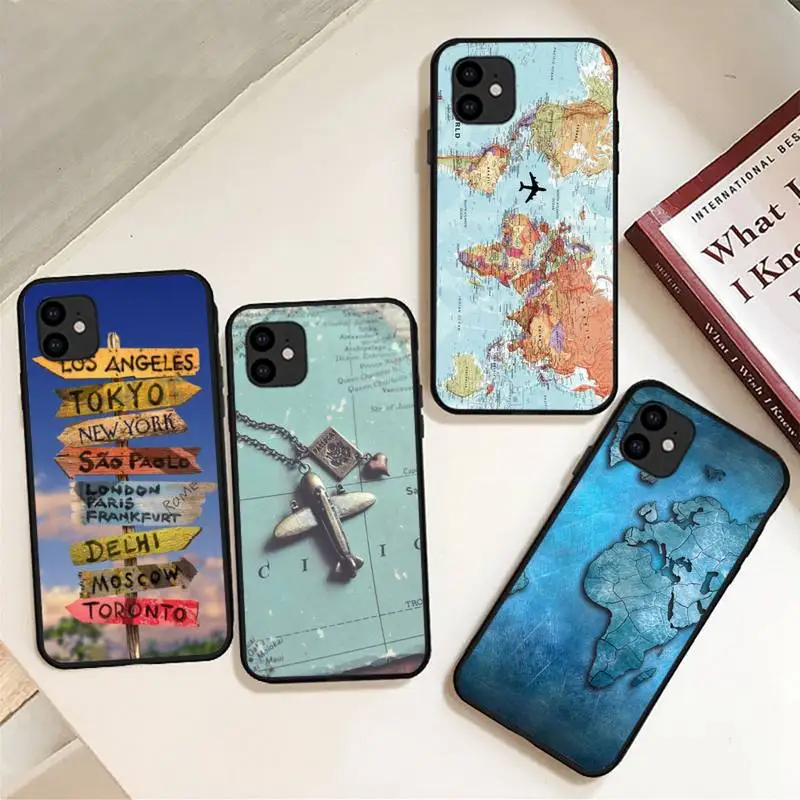 

World Map Travel Phone Case For iphone 12 11Pro Max 11 XR XS Max X 8 7 6 6S Plus 5 5S SE 2020 soft Cover Funda