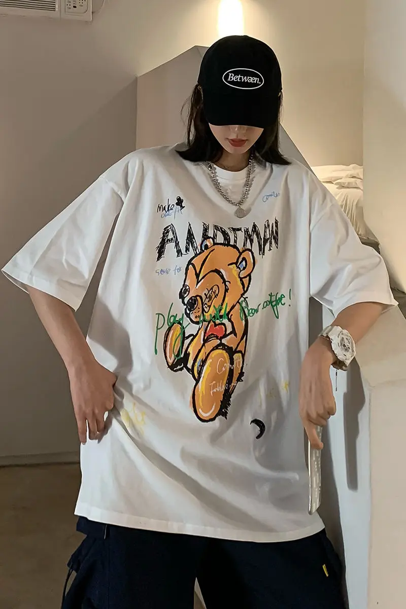 2020 Summer New Youth Popular Loose Personality Cartoon Graffiti Five-point Sleeve T-shirt Fashion Casual Round Neck Pullover | Мужская