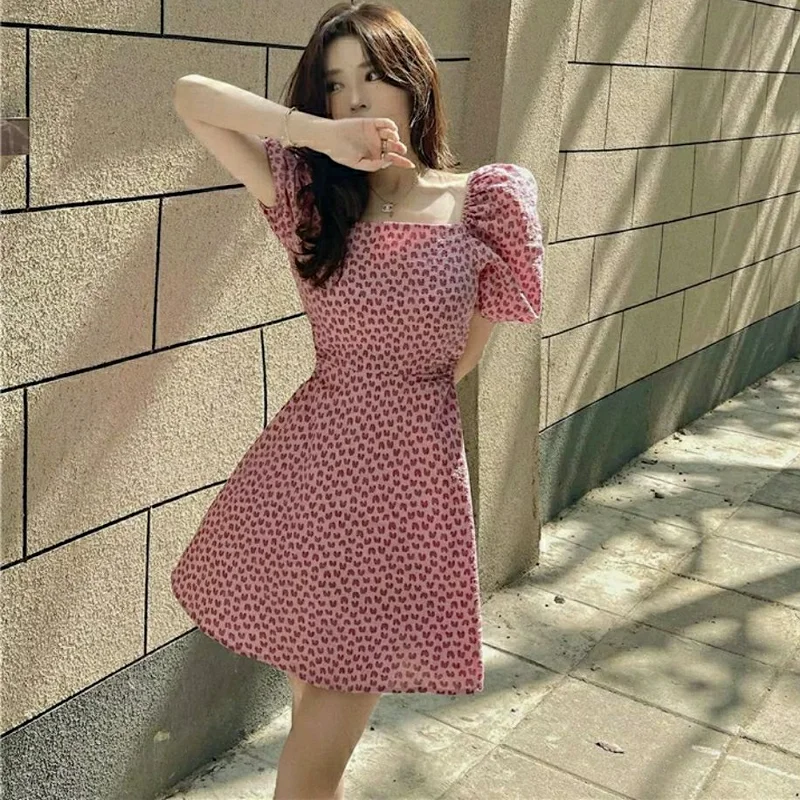 

Dresses Women Sexy Girls Soft Femme Ins Simple Puff Sleeve Romantic Summer Print Temperament Casual Clubwear Sweet Style Holiday