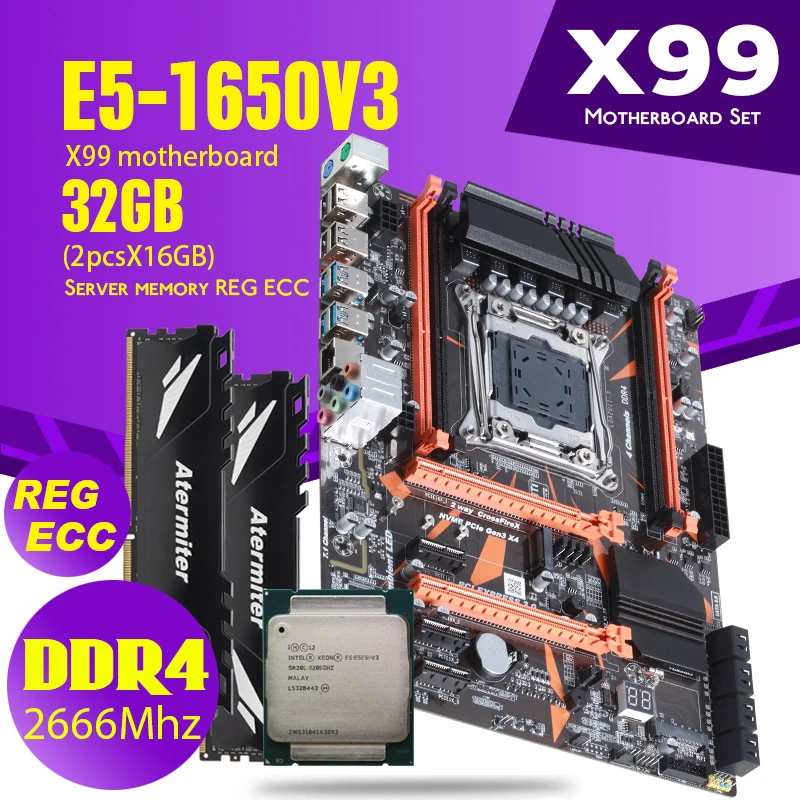 Комплект материнской платы atermiter X99 D4 DDR4 с Xeon E5 1650 V3 Стандартный ЦПУ 2 шт. X 16 ГБ = 32 Гб