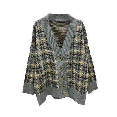 

New autumn Plaid cardigan, women's medium and long loose and lazy style knitted jacket, Korean version knitted sweater