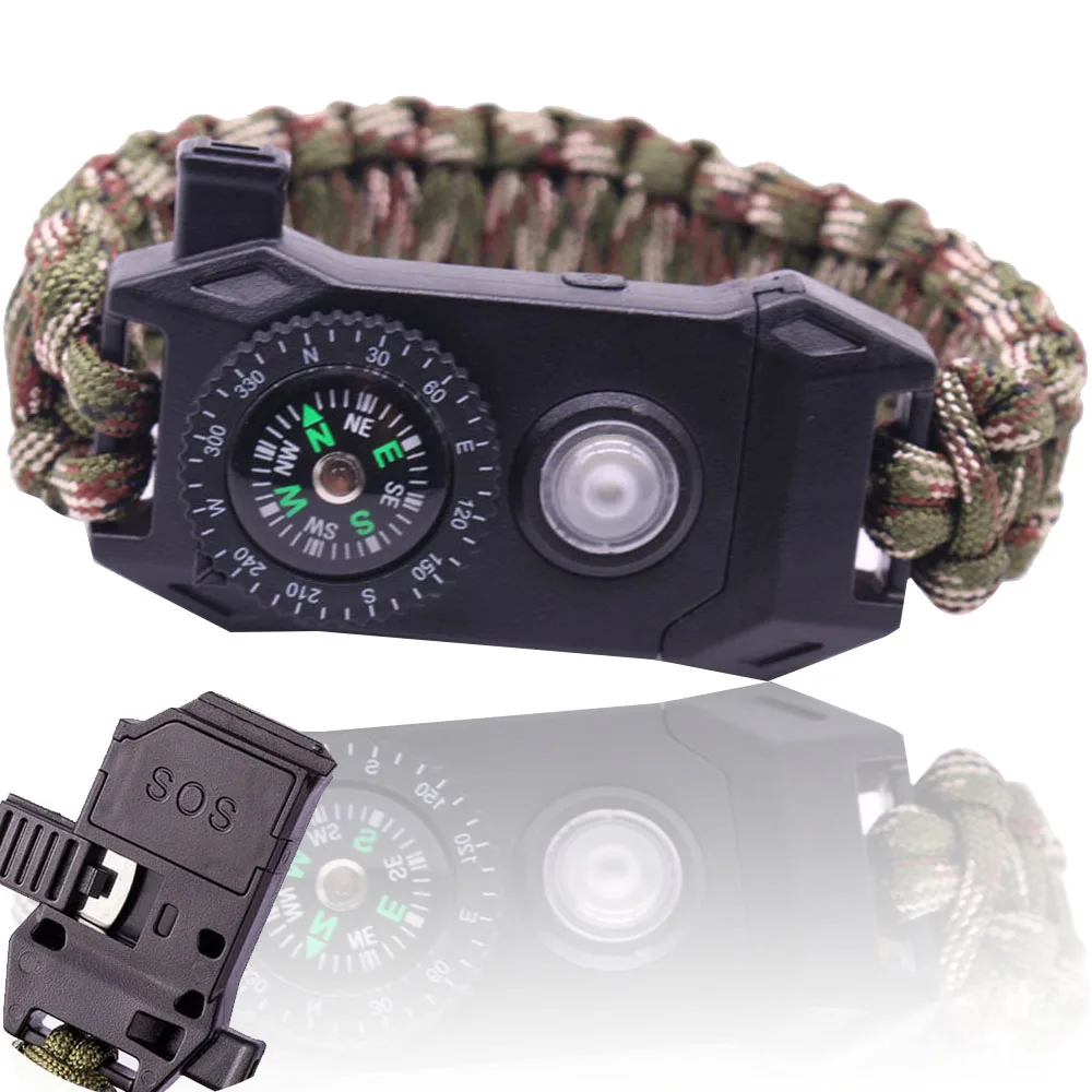 

NEW Outdoor Survival Men Bracelets For Women Multi-Function LED SOS luminous Camping Rescue Emergency Rope Compass Whistle Strap