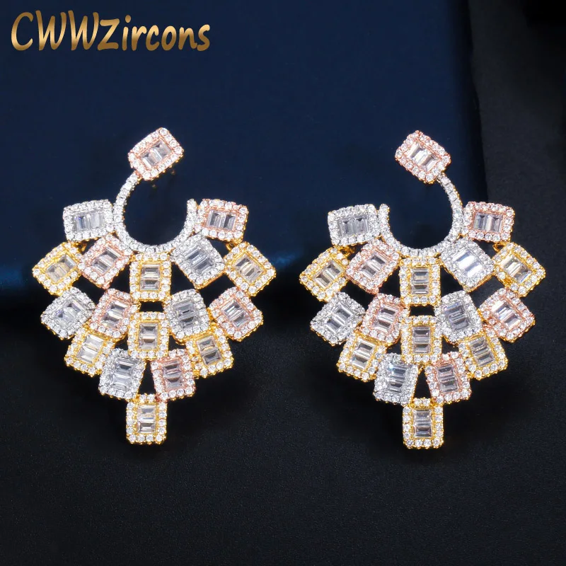 Женские богемные серьги висюльки CWWZircons роскошные 3 тона Золотые Большие вечерние