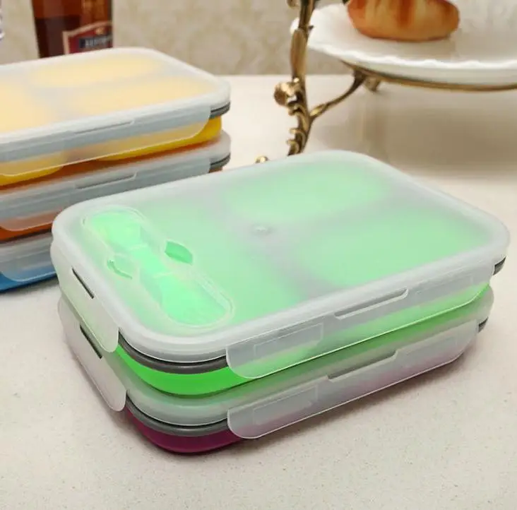 

Collapsible Silicone Lunchbox Bento Folding Portable Bento Box with Fork 3 Grids Microwave Dinnerware Tools Wholesale