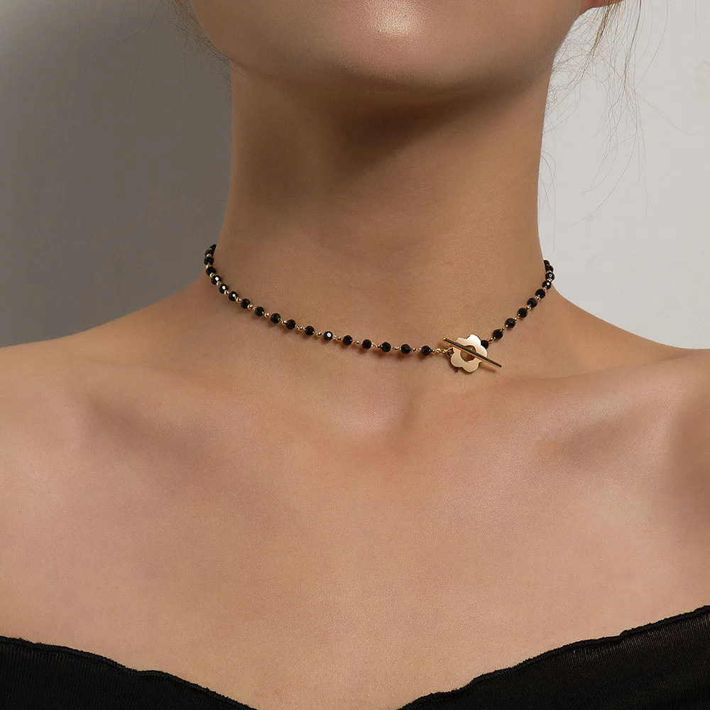 

Fashion Luxury Black Crystal Glass Bead Chain Choker Necklace for Women Flower Lariat Lock Collar Necklace Jewelry Party Charm