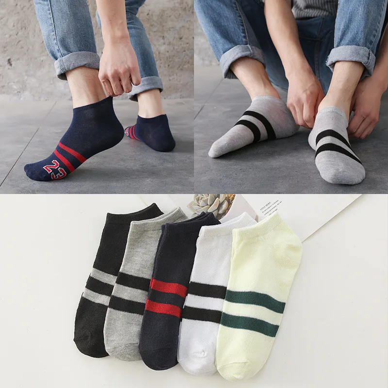 

5 Pairs Spring Summer Thin Breathable Women Kawaii Boat Socks Stripe Shallow Mouth Funny Men Pure Color Cotton Invisible Socks