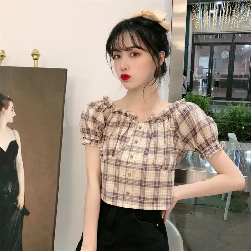 Блузка женская клетчатая с открытыми плечами пикантный хлопковый топ в японском