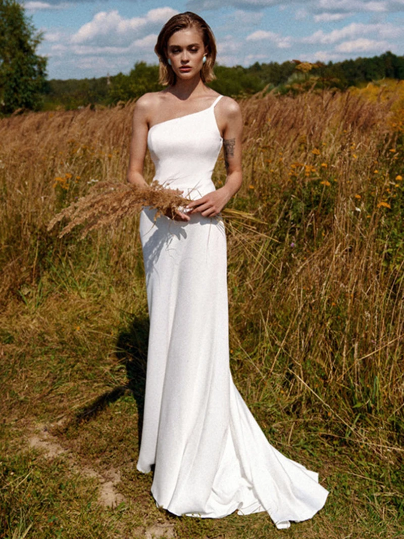 

One Shoulder A Line Wedding Dress Full Puff Sleeves Backless Detachable Sweep Train Appliques Robe De Mariée Simple vestidos2022