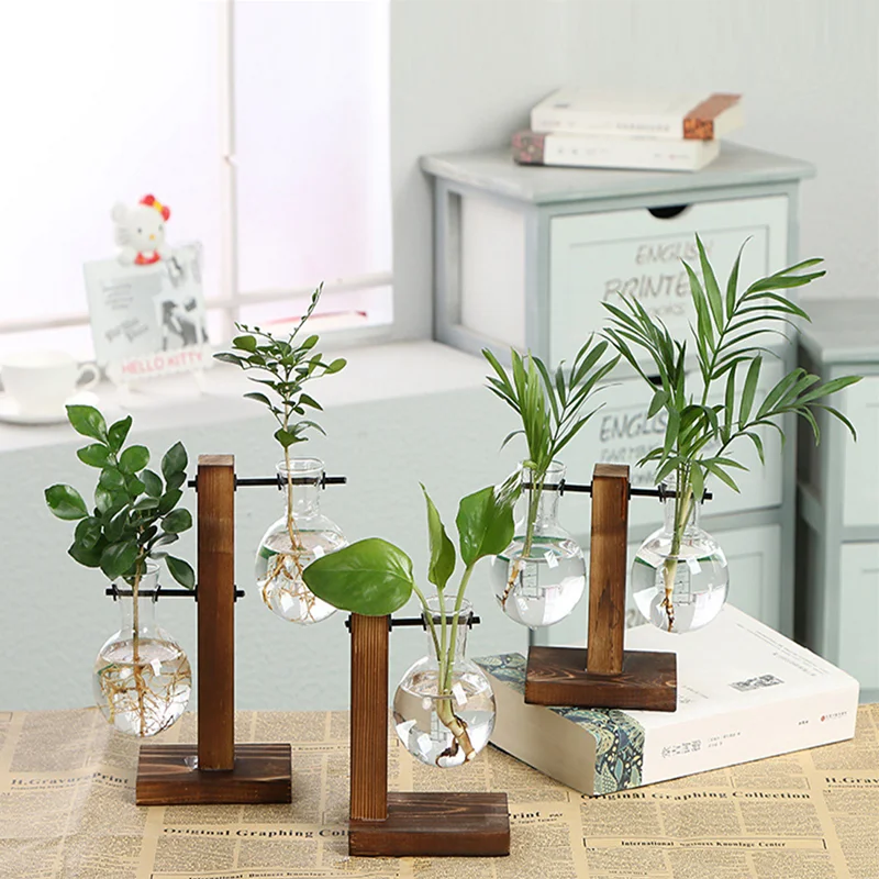 

Nordic Glass Hydroponic Vase Creative Vintage Flower Pot With Wooden Frame Geometric Plant Container Home Desktop Decoration
