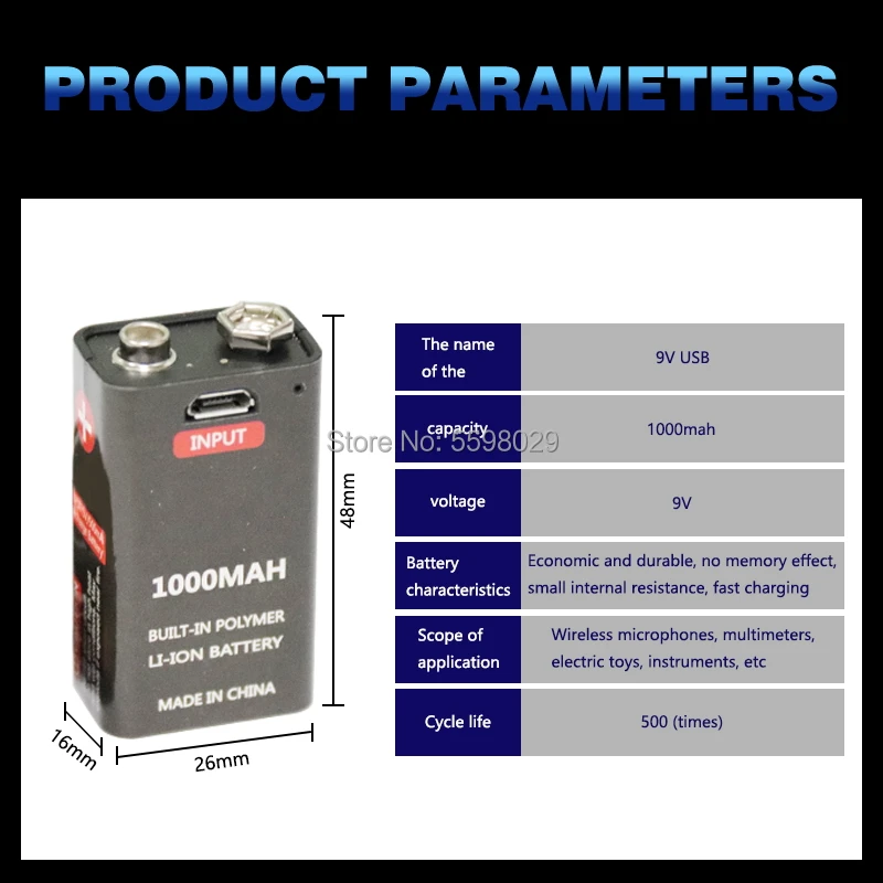 9 в 6F22 USB батарея 1000 мАч В литий ионная аккумуляторная Micro Батарея для микрофона