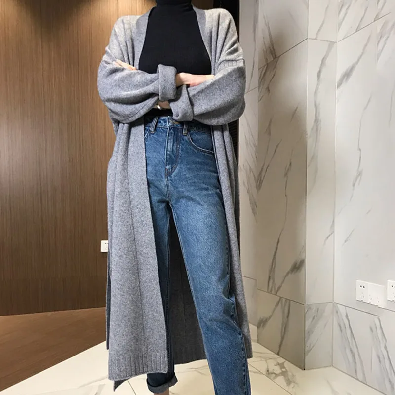 LANMREM 2020 Spring New Fashion Solid Color Loose Long Over The Knee Cardigan Wool Sweater Coat Female PB584 |