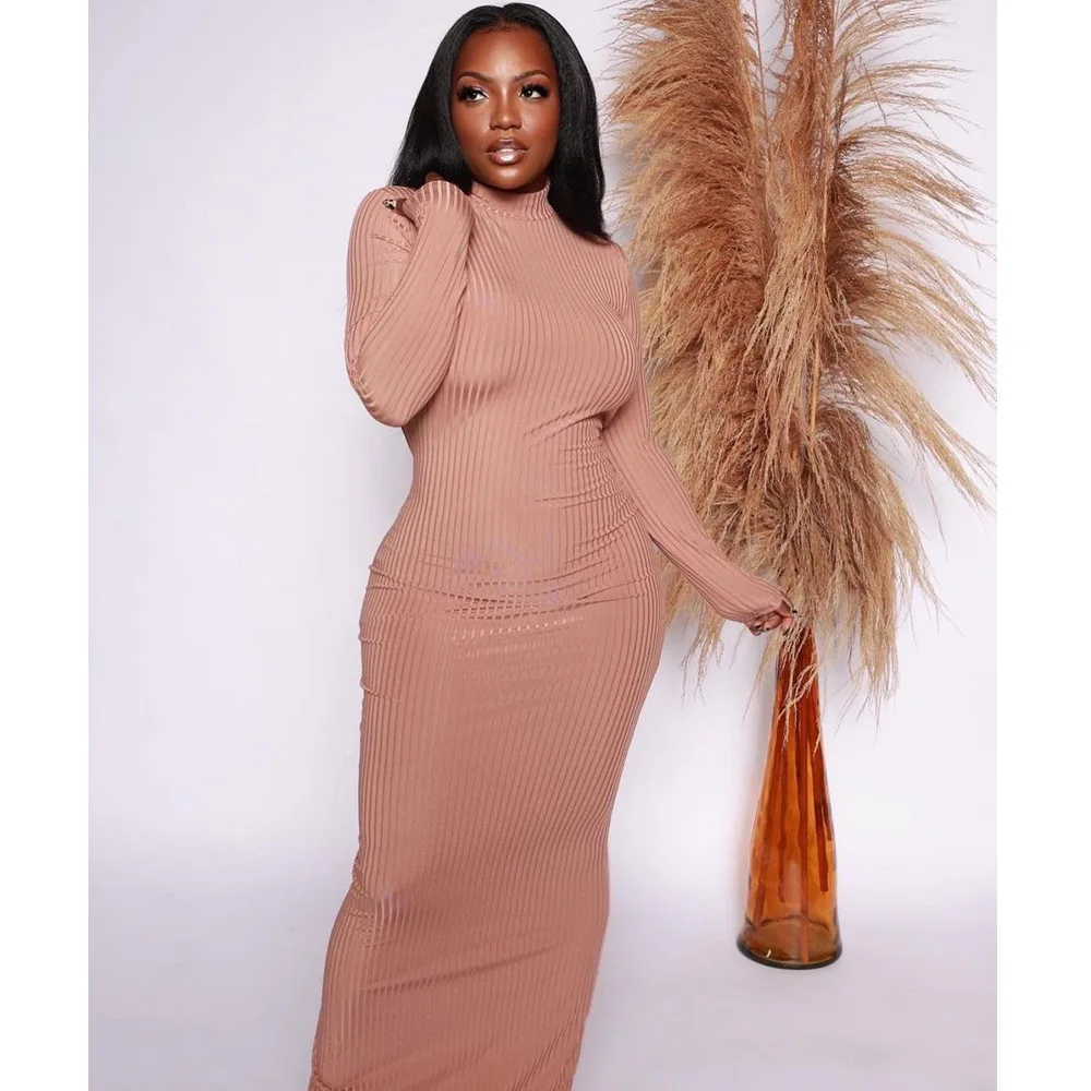 

Solid Long Sleeve Ribbed Stretch Long Maxi Dress Sexy Skinny Backless Party Dresses Elegant Robe Autumn Bodycon Vestidos