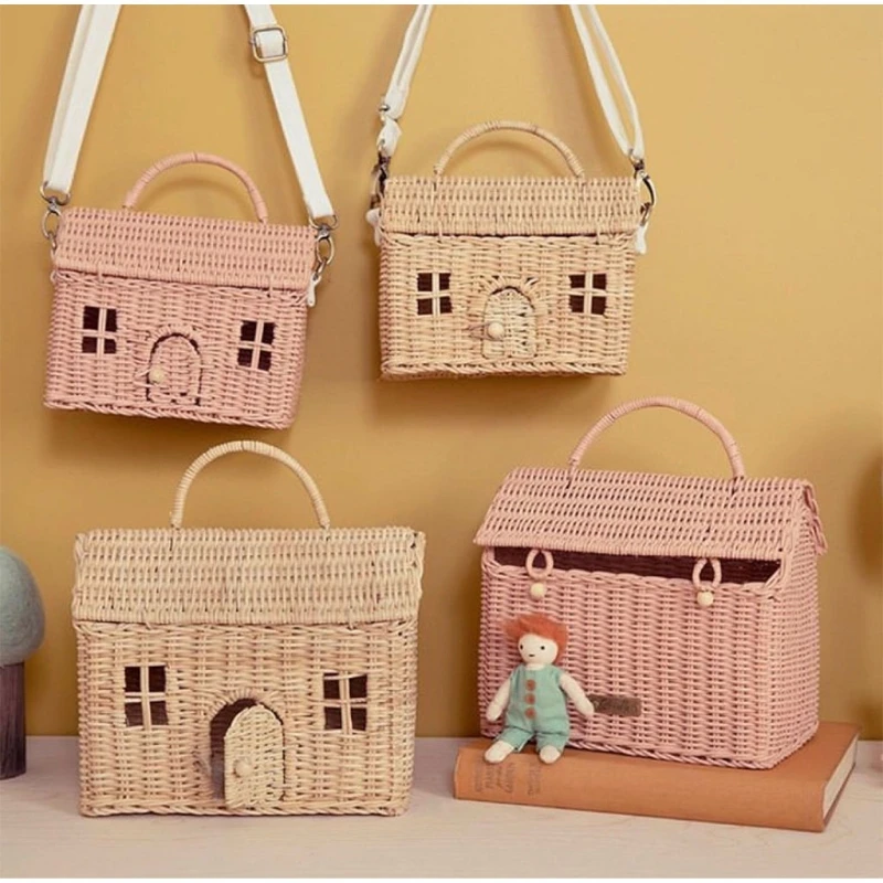

H051 Small House Shape Portable Messenger Bag Handmade Rattan Woven Storage Bag with Handle Basket Picnic Bag Vintage Kids Bag