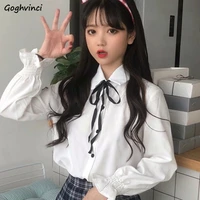 women blouses turn down collar flare sleeve bows lace up solid sweet loose shirts korean style students elegant casual chic new