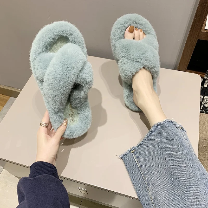 

Furry Slippers Women's 2021 Autumn New Cross-thickness Imitation Rabbit Fur Flat-bottom Casual Wear One-word Home Slippers LLP