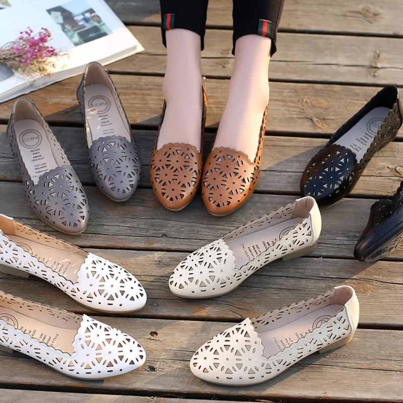 GKTINOO 2023 Women Flat Shoes Genuine Leather Woman Ballet Pointed Toe Flats Summer Lady Hollow Out Loafers Women Shoes Sandals
