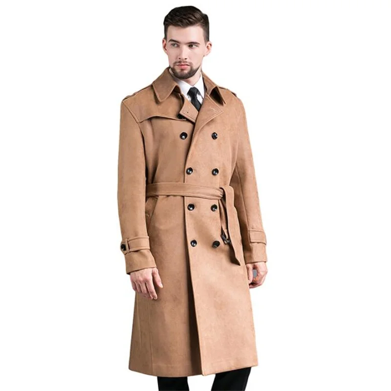 Тренчкот мужской двубортный облегающее пальто цвета хаки с длинным рукавом в