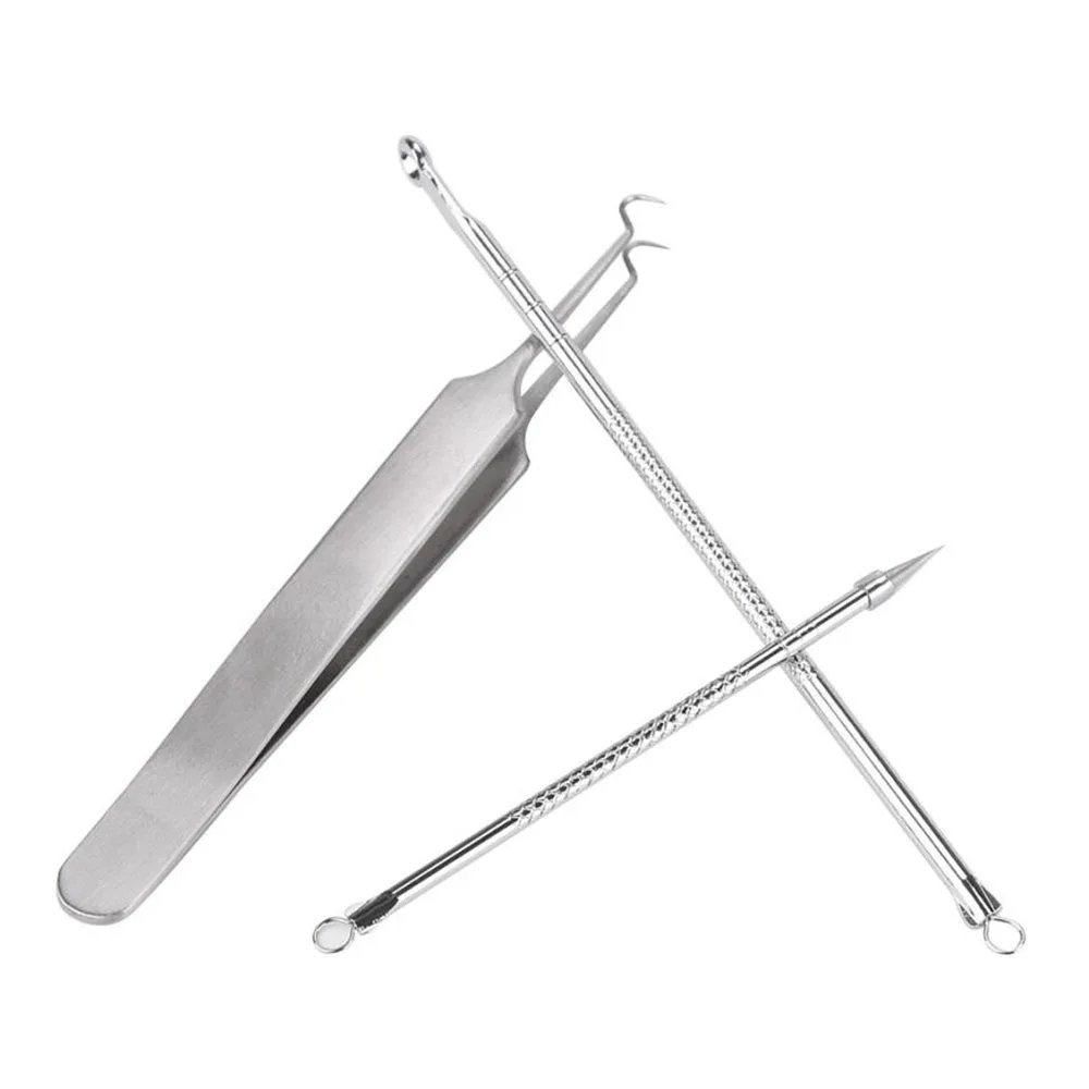 

3pcs Stainless Steel Blackhead 1x Tweezer + 1x Acne Needle + 1x Blackhead Remover Facial Spot Pimple Remover Extractor Tool Set
