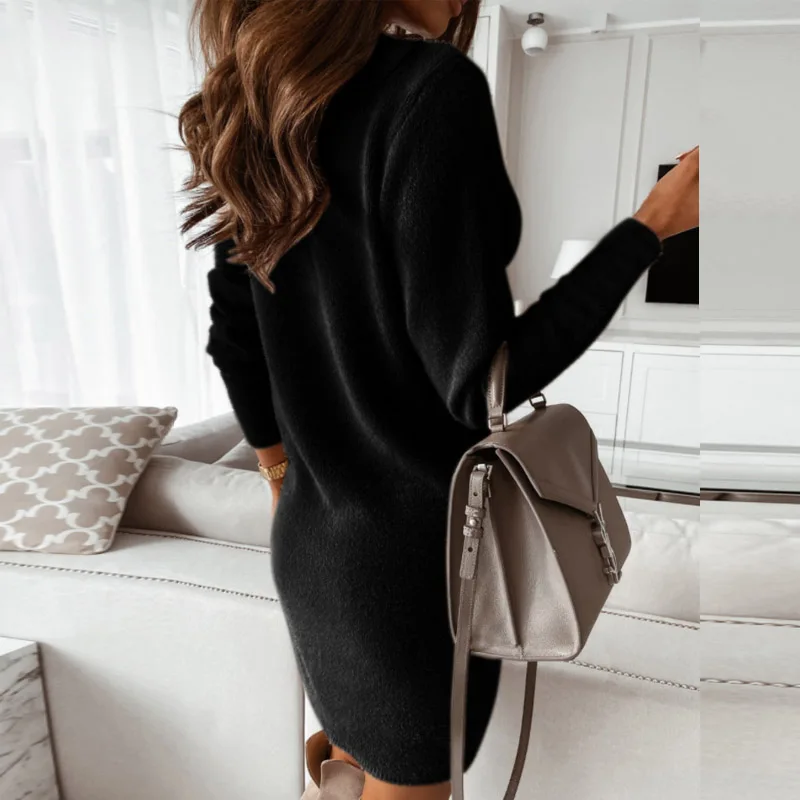 

Women Fashion Solid Fleece Mini Dress Elegant Metal Chain V-neck Party Dress 2021 Spring Autumn Long Sleeve Slim Bodycon Dresses