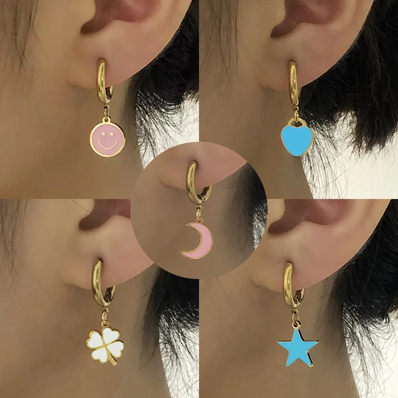 

Stainless Steel Earring Heart Smiley Hoop Earrings for Women Multicolor Enamel Hanging Earrings 2022 Fashion Jewelry Wholesale
