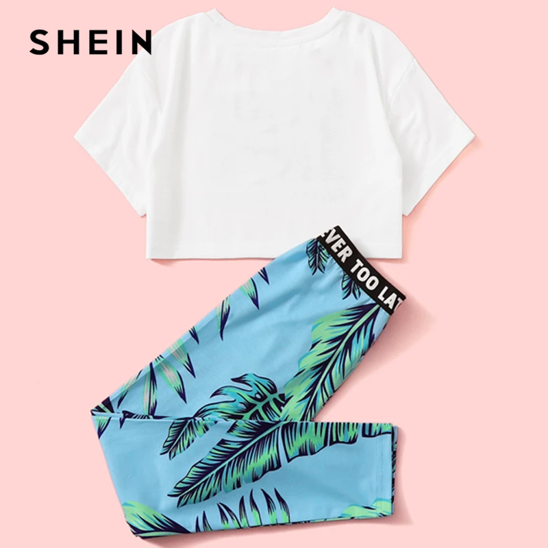 SHEIN/Детская футболка с принтом в виде букв и растений для девочек, с леггинсами комплекты из двух предметов в стиле бохо г. Летняя облегающая детская одежда с короткими рукавами