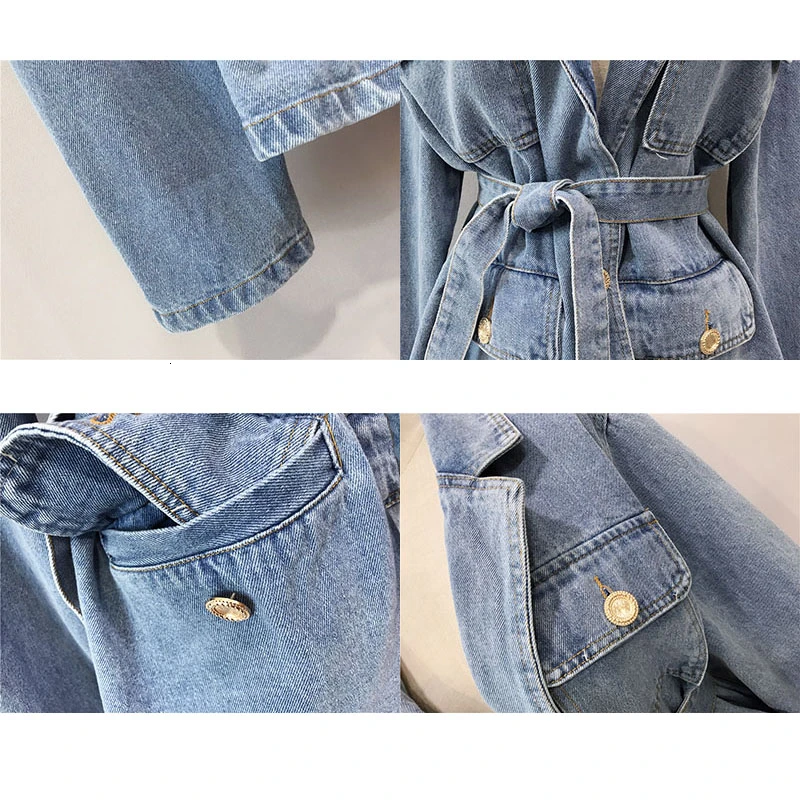 Женская ВИНТАЖНАЯ ДЖИНСОВАЯ КУРТКА с поясом Однотонная синяя свободная куртка