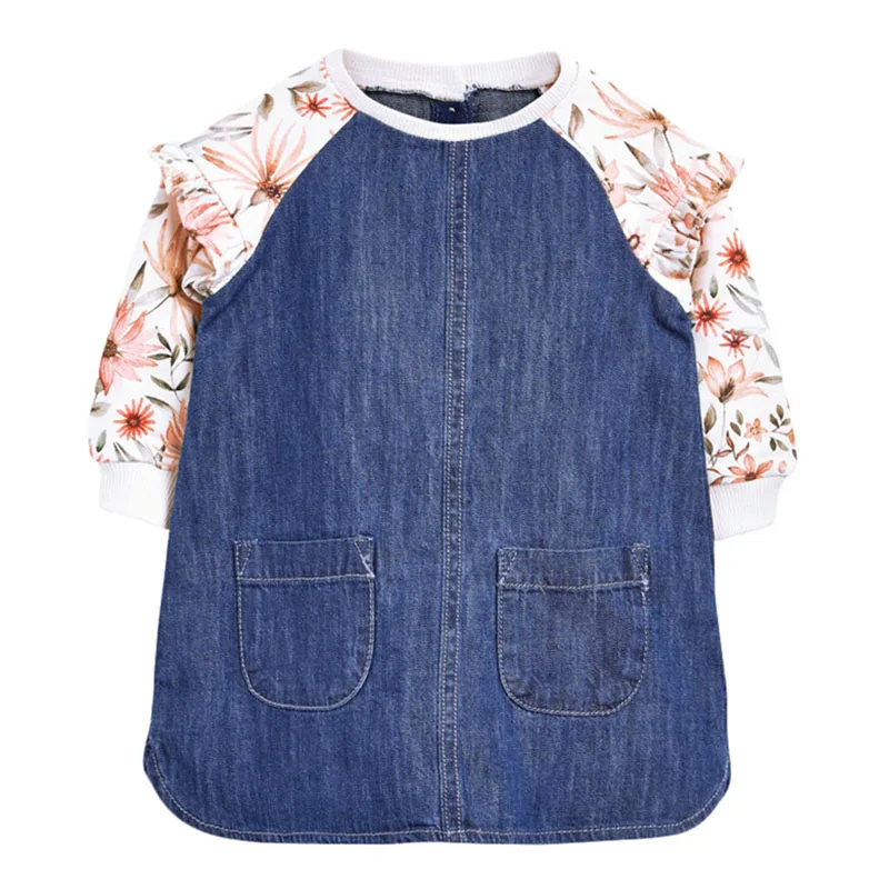 

Махровая хлопковая одежда с длинным рукавом для маленьких девочек, платья для принцесс, детская одежда, детские осенние джинсы с мультяшным рисунком, джинсовые платья для девочек