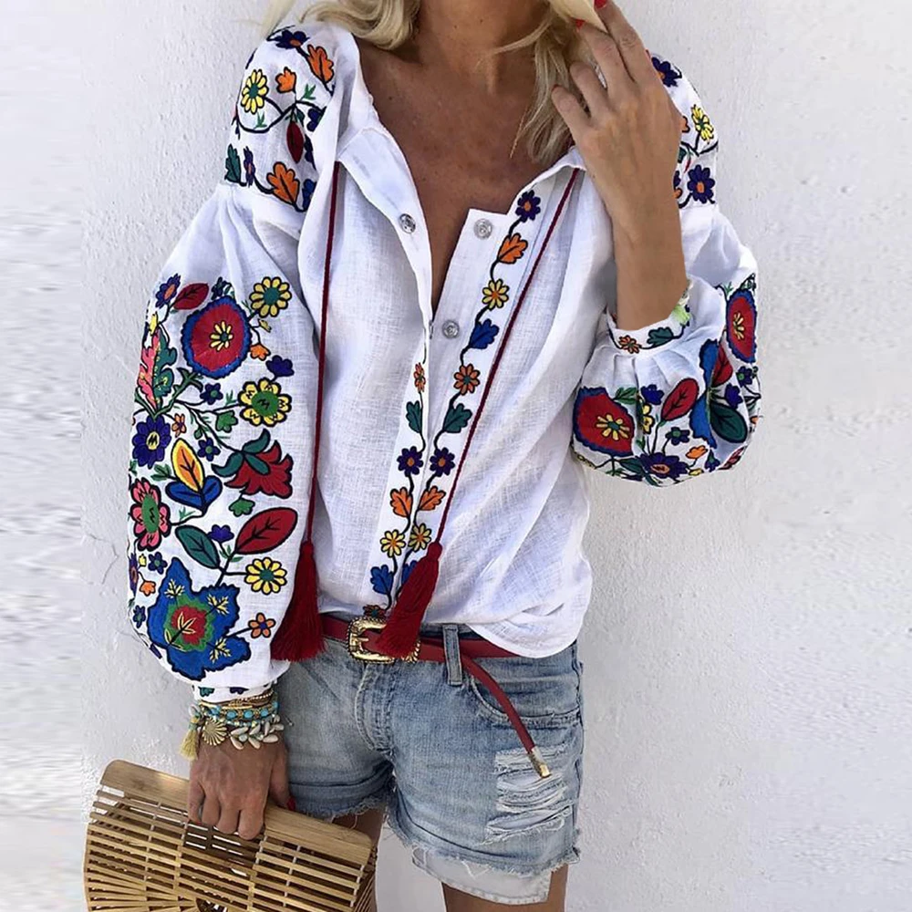 Новинка богемная блузка в этническом стиле с вышивкой и воротником рубашки для