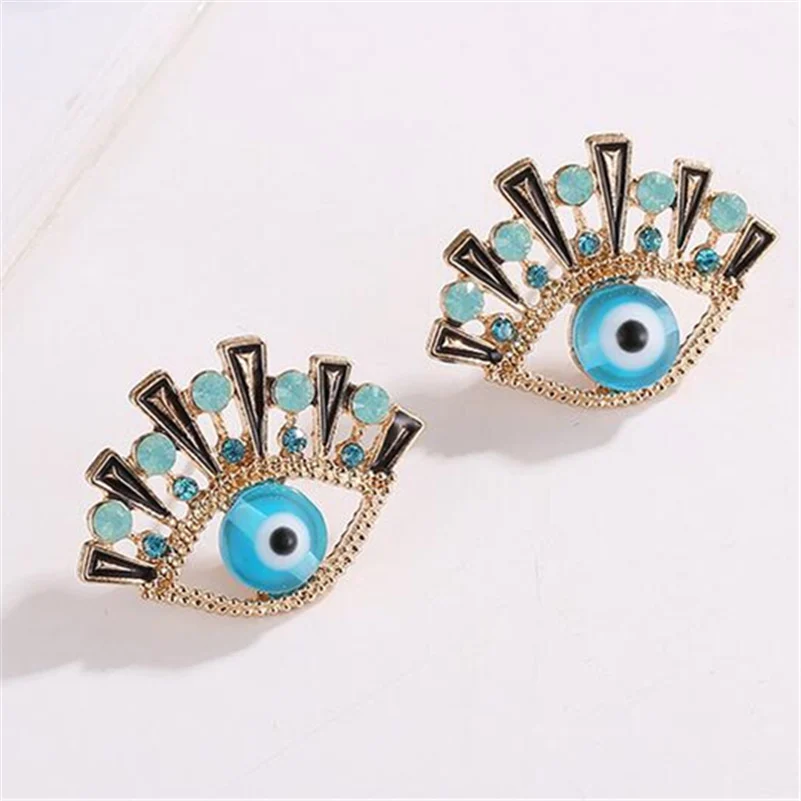 Женские серьги гвоздики с Мятным кристаллом и синим глазным