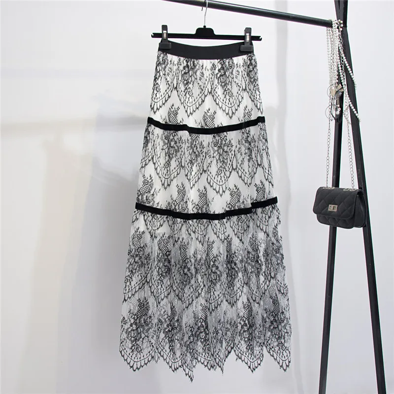 Винтажная Цветочная кружевная трапециевидная Макси-юбка с ресницами пикантная