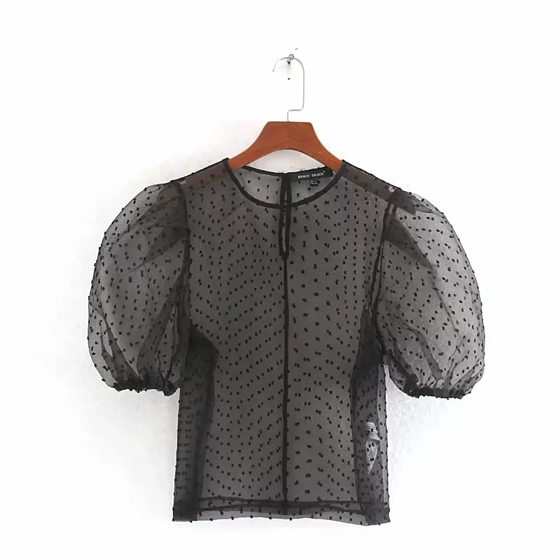

Leisure Women Dot jacquard Transparent yarn Shirt 2020 Spring Lady O Neck Puff Sleeve Blouses Slim Tops S6796