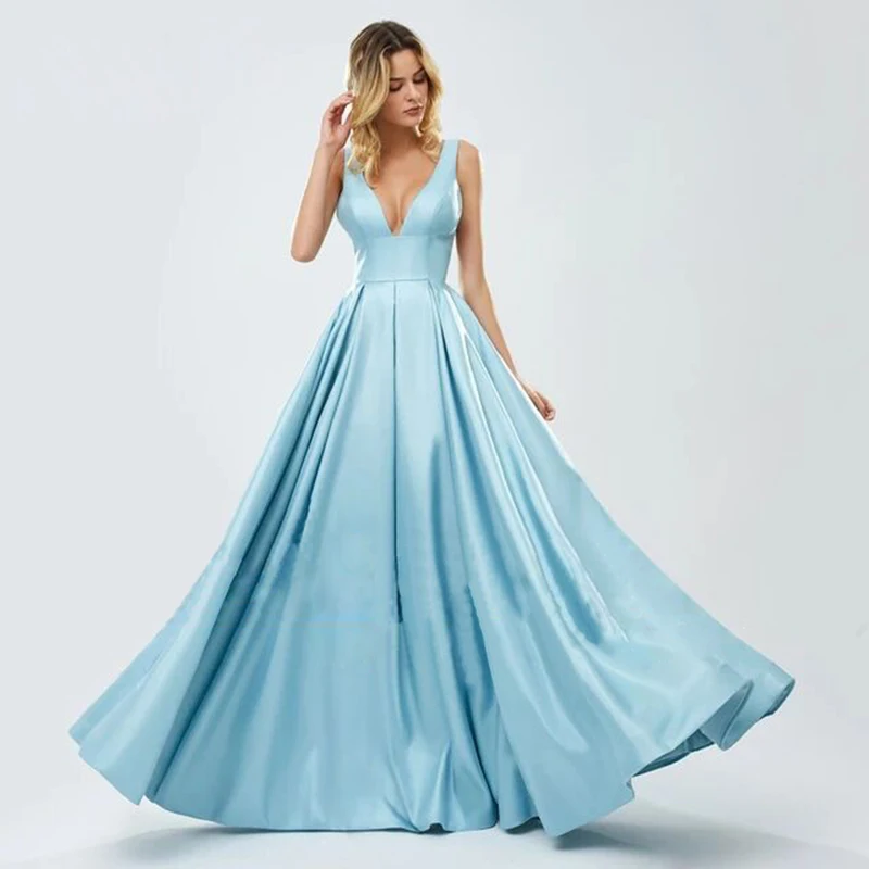 

Claire T Royal Long Evening Dresses Sexy V Neck Satin A Line Elegant Prom Party Gown Vestido de Festa Curto