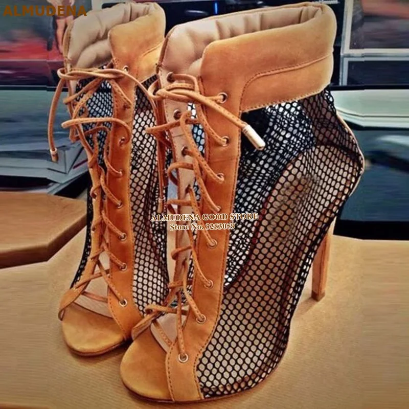 Murah ALMUDENA Sepatu Bot Pergelangan Kaki Berenda Ujung Terbuka Hak Stiletto Jaring Tambalan Kulit Aprikot Sepatu Pesta Pola Jaring Boot Gladiator
