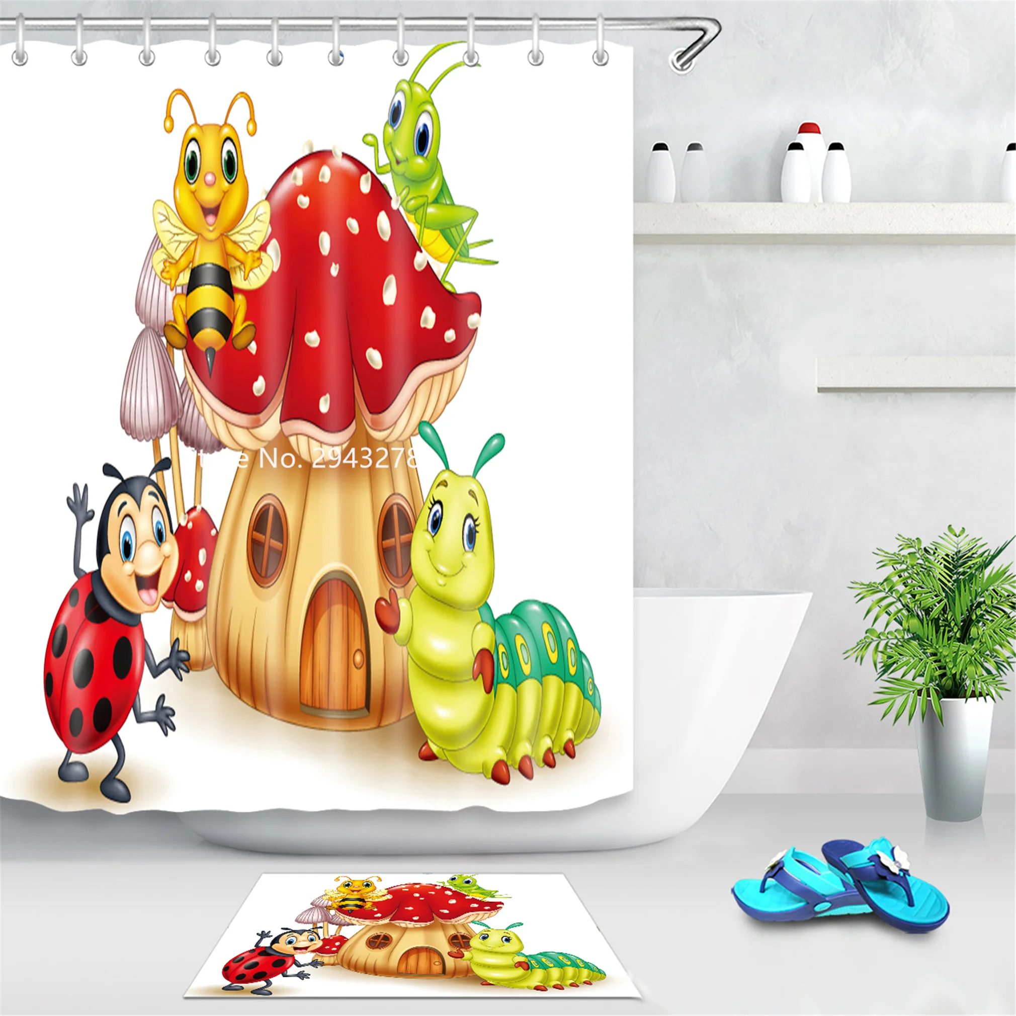 

Cartoon Red Mushroom Color Pattern Waterproof and Mildewproof with Hook Can Be Water Shower Curtain Home Bathroom Decoration