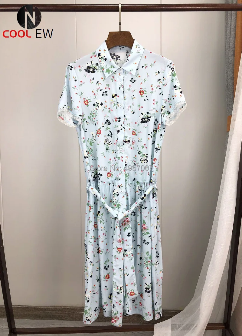 

High Quality Ladies Viscose 100% Lapel Floral Printed Button Front Short Dress With Lace Sleeve Cuff & Matching With Waist Tie