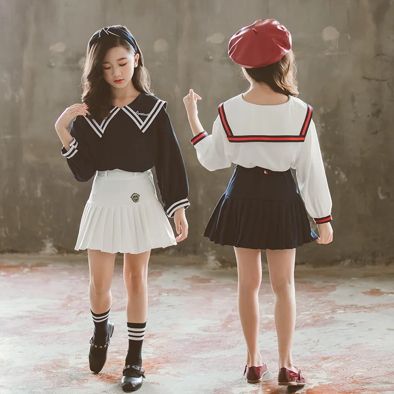 

Girls Long Sleeve School Suits 8 10 years Fashion Children JK Uniform Clothes Set Chiffon Shirts Pleated Skirts 2 pieces