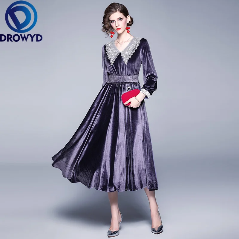 Винтажное блестящее вельветовое платье-миди DROWYD Queen для женщин модное фиолетовое