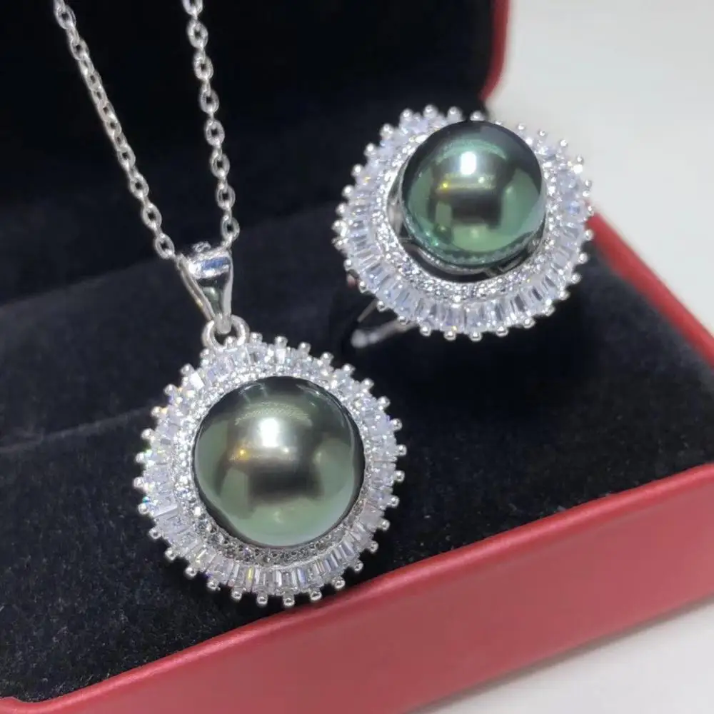 

D318 Fine Jewelry Natural 9-11mm Ocean Sea Tahiti Black Pearls Female's Jewelry Sets for Women FIne Jewelry Sets