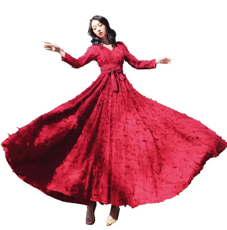

2019 Autumn Red Maxi Dress Slim Waist Long Sleeve Big Swing Dress Robe Femme Vestidos